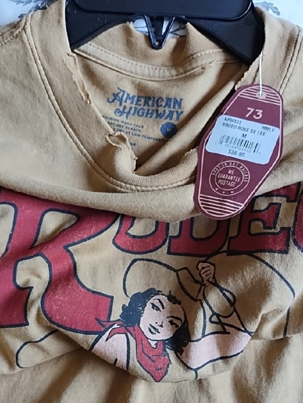 American Highway Rodeo Rose Distressed T Shirt NWT!